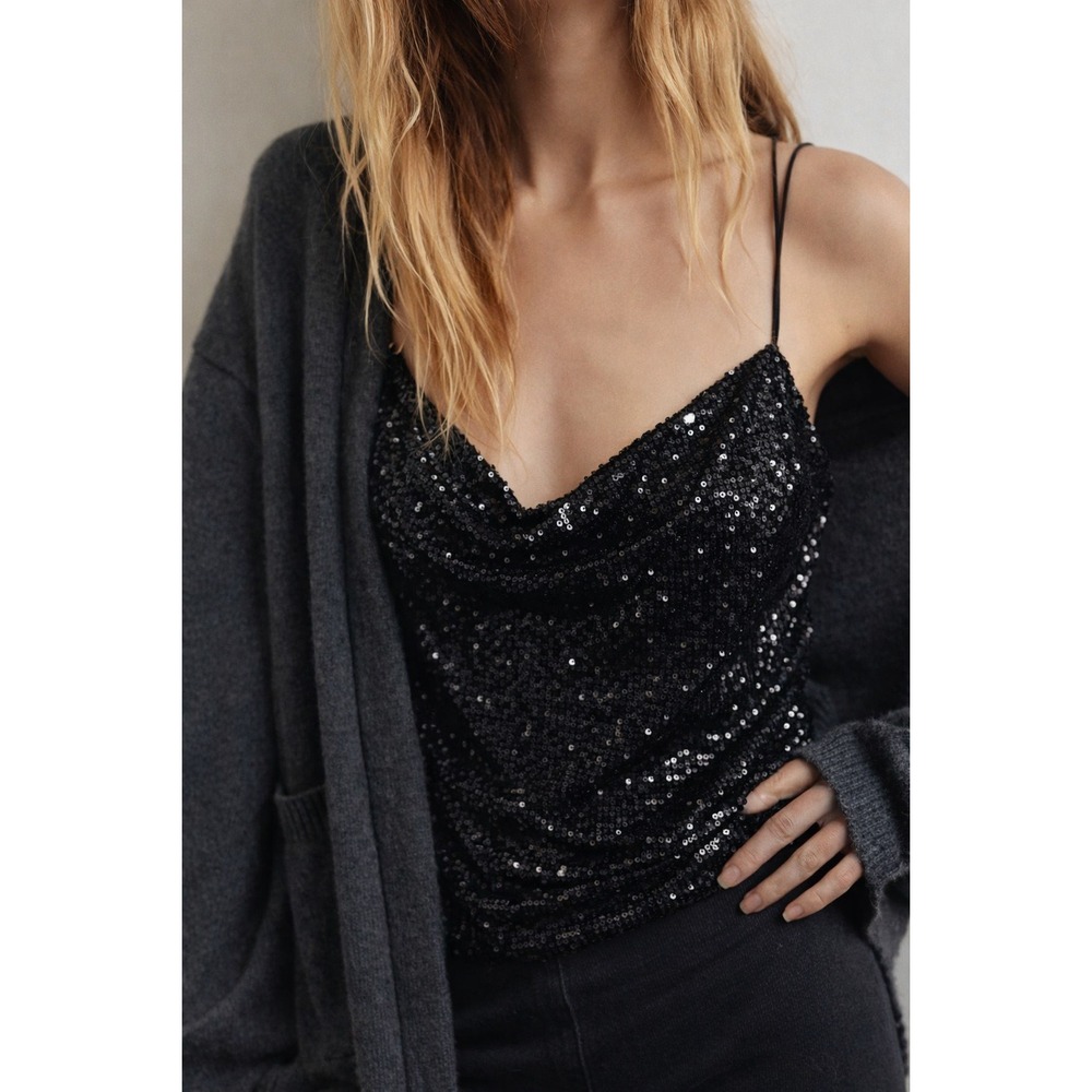 Black Sequin Cowl Neck Camisole Top Womens M‎ Party Glam Glitter Statement Tank